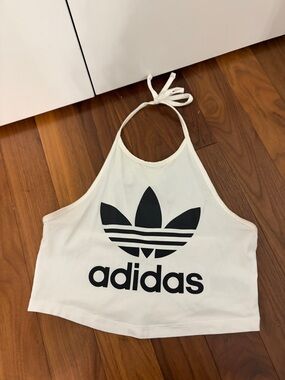 adidas White Halter Crop Top with Black Trefoil Graphic